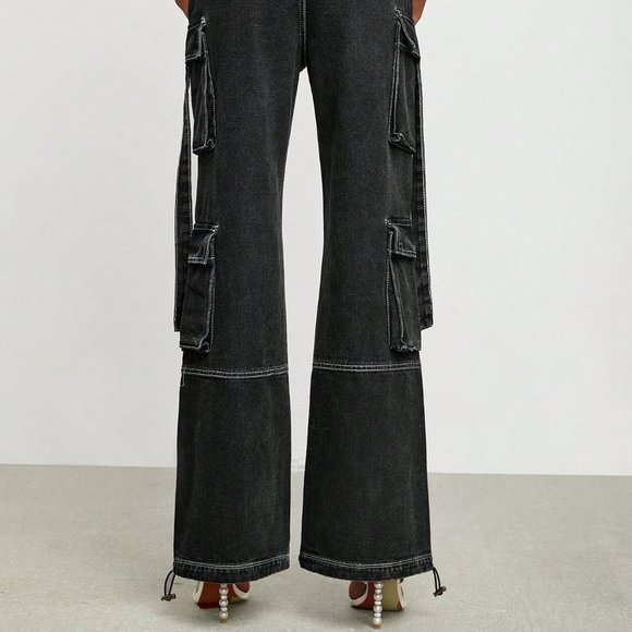 Black Casual Womens Flap Pocket Belted Cargo Jeans - Picture 4 of 5